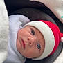 baby, infant, face, hat, red_hat, blanket, white_blanket, blue_eyes, clothing, headwear, portrait, cozy, closeup, indoors, child, newborn, cute, soft, warm, resting