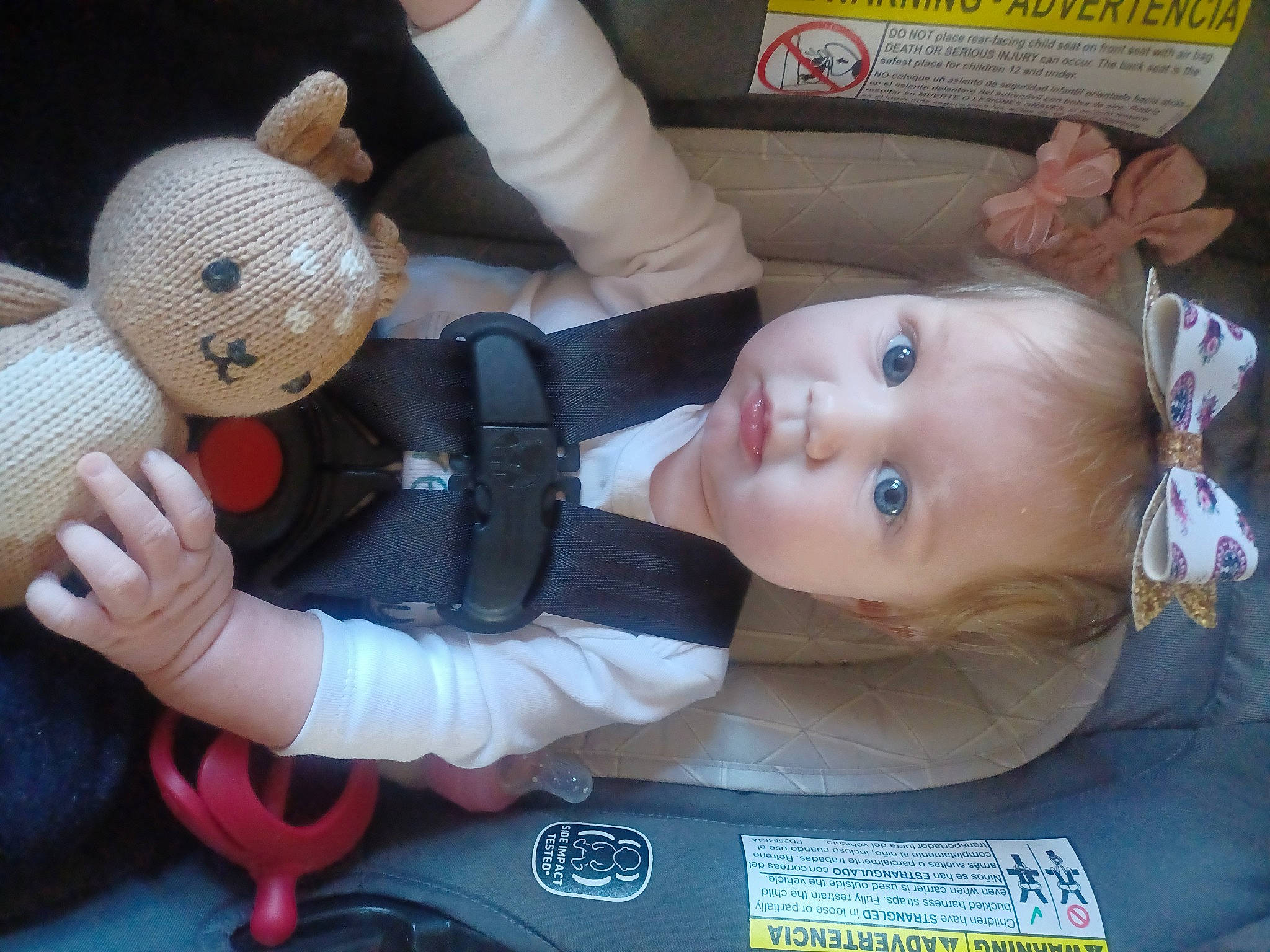 Delaney is registered to the contest to win money with this photo: baby, baby_carriage, baby_products, baby_toddler_clothing, car_seat, chair, cheek, child, comfort, couch, doll, eye, finger, iris, person, sitting, skin, stuffed_toy, toddler, toy