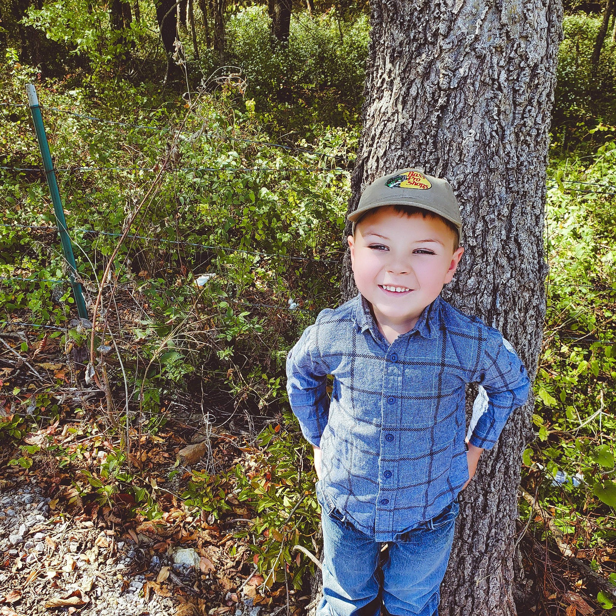 Trenton is registered to the contest to win money with this photo: branch, cap, child, electric_blue, face, forest, grass, happy, head, headgear, headwear, joy, landscape, natural_landscape, outerwear, people_in_nature, person, plant, smile, toddler