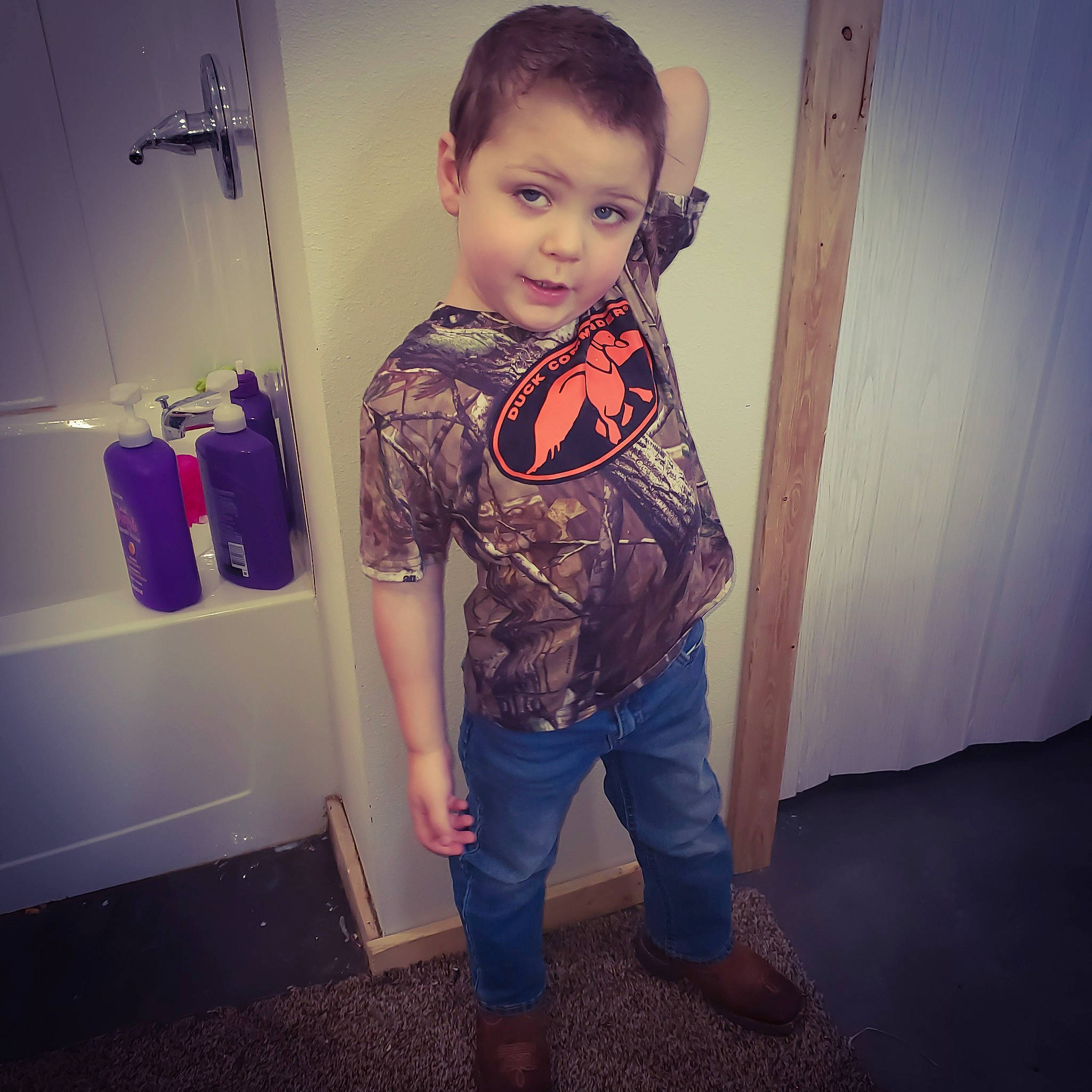 Trenton joined the competition — help win amazing prizes! bag, chest, cloud, denim, electric_blue, fashion_design, fun, happy, joint, luggage_and_bags, pattern, person, shoe, shoulder, sleeve, standing, street_fashion, t_shirt, toddler, trunk