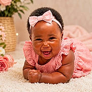 Jireh joined the competition — help win amazing prizes! baby, smiling, pink_bow, pink_dress, carpet, flower_vase, roses, infant, happy, headband, cute, child, portrait, indoors, soft_lighting, floral_arrangement, crawling, toddler, skin, chubby_arms
