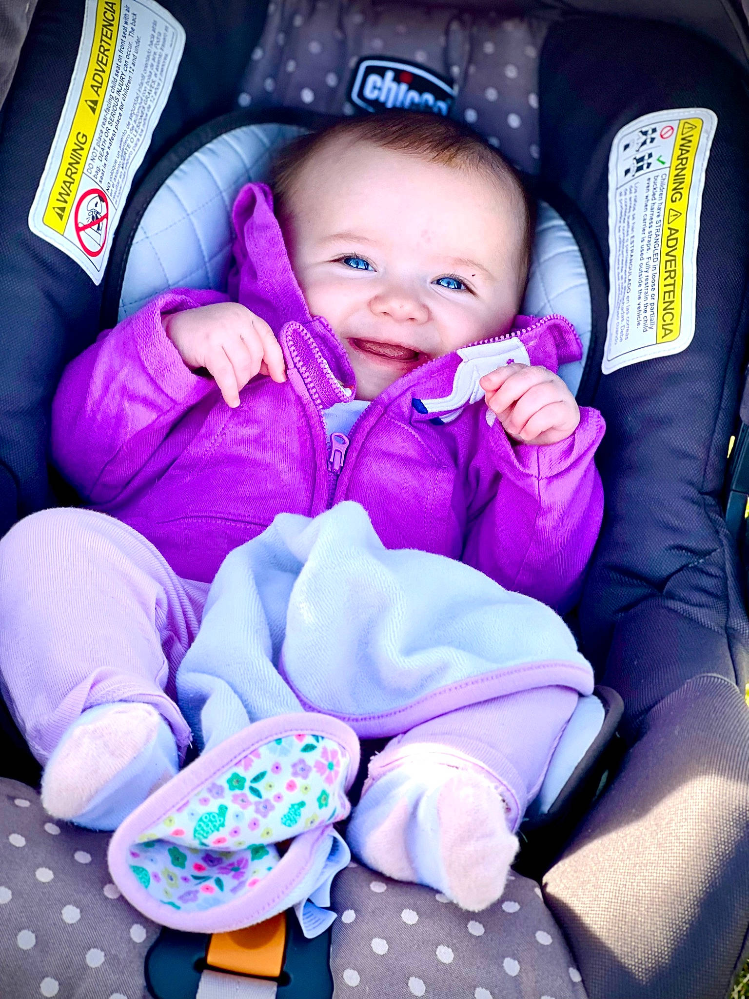 Faith joined the competition — help win amazing prizes! arm, baby, baby_in_car_seat, baby_toddler_clothing, blue, car_seat, child, comfort, electric_blue, facial_expression, finger, happy, magenta, person, pink, purple, sleeve, smile, thumb, toddler