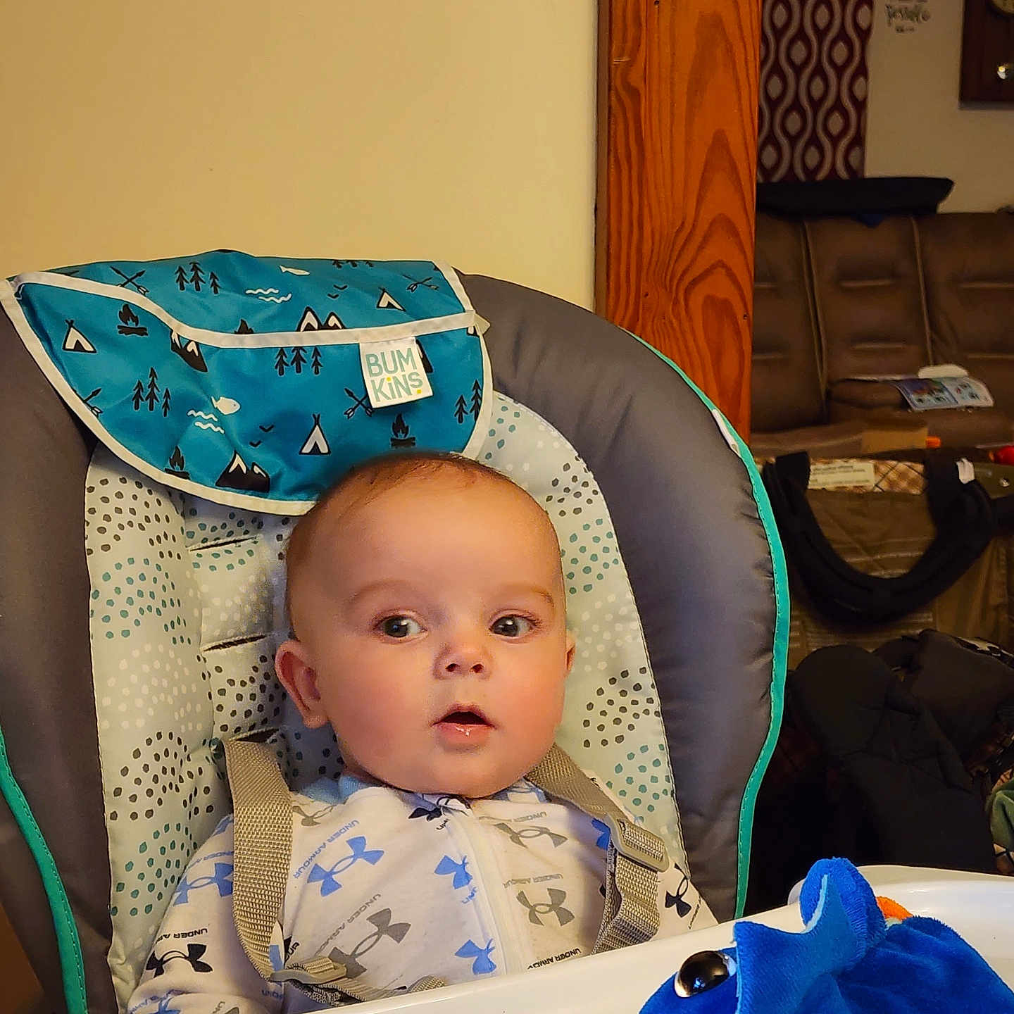 Wyatt joined the competition — help win amazing prizes! baby, infant, child, high_chair, sitting, face, eyes, curious, portrait, indoor, home, plush_toy, blue_toy, tray, bib, harness, chair, furniture, room, family_photo