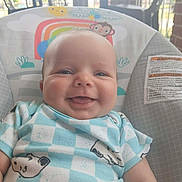 Wyatt is registered to the contest to win money with this photo: baby, infant, child, smiling, portrait, close_up, face, eyes, indoors, baby_bouncer, seat, blanket, blue_clothing, checkered_pattern, cartoon, rainbow, clouds, monkey, nursery, happy