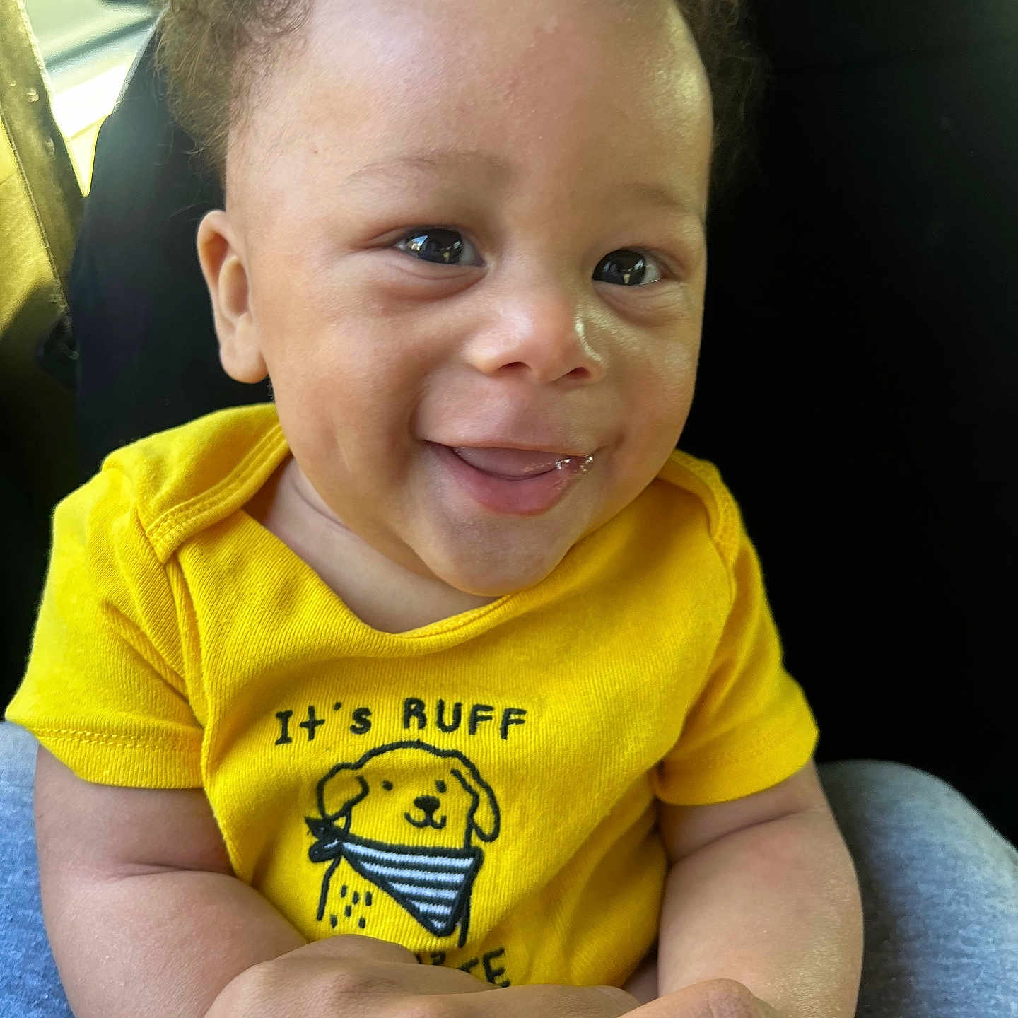 Jakylen joined the competition — help win amazing prizes! baby, child, closeup, clothing, cute, drool, expression, eyes, face, hair, hand, happy, holding, indoor, infant, person, portrait, skin, smiling, yellow_shirt