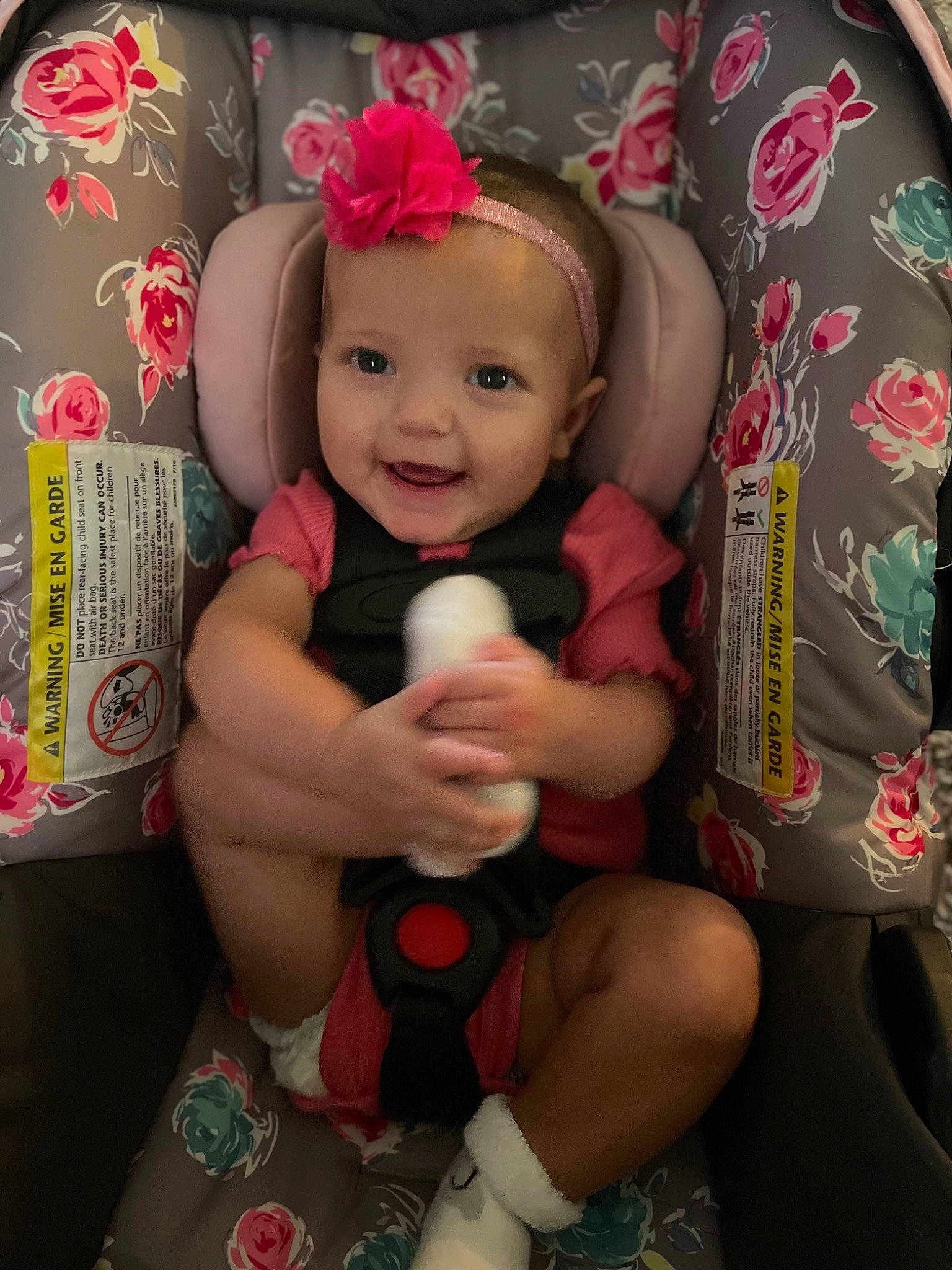Kynlee joined the competition — help win amazing prizes! baby, baby_toddler_clothing, cheek, child, comfort, fashion_accessory, fun, happy, headband, headwear, human_leg, lap, magenta, nail, person, pink, sitting, smile, sock, thigh