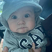 Jeremy is registered to the contest to win money with this photo: baby, hoodie, grey_clothing, wide_eyes, face, hand, cute, infant, child, portrait, indoors, warm_clothing, expression, human, person, baby_fashion, baby_accessory, hood, small_hand, candid