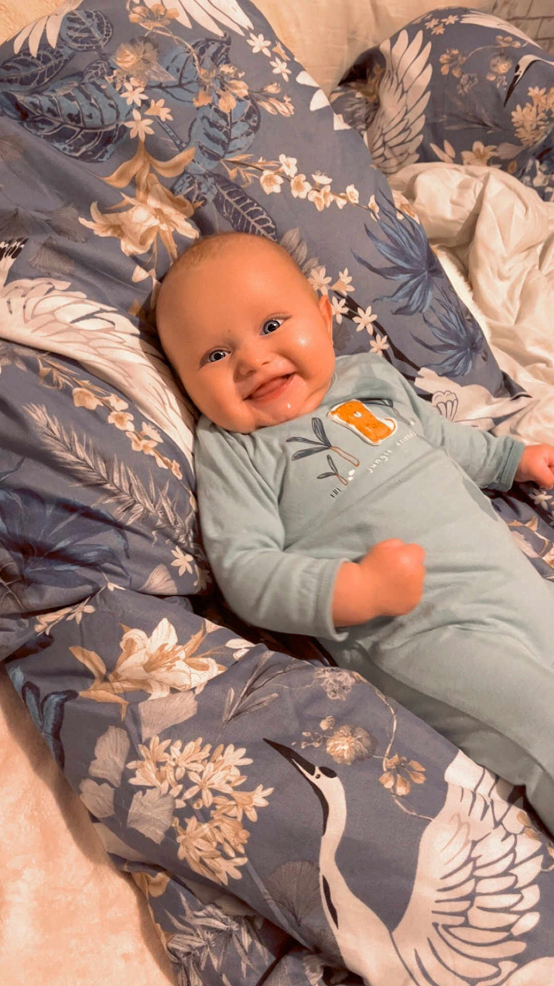Ezio participe au concours pour gagner de l'argent avec cette photo : baby, smile, onesie, blanket, floral_pattern, bird_pattern, chubby_cheeks, happy, lying_down, indoors, child, infant, cute, face, blue_clothing, soft_lighting, portrait, cozy, joyful, human