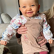 Iris a rejoint le concours — aidez-le/la à gagner de superbes lots ! baby, child, smile, overalls, patterned_shirt, leggings, sofa, blanket, hand, adult, portrait, indoor, cozy, happy, blue_eyes, teeth, couch, living_room, cute, holding