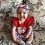 Athena joined the competition — help win amazing prizes! baby, child, smiling, sitting, red_clothing, headband, stars, couch, floral_pattern, white_socks, cute, indoor, portrait, happy, infant, hands, feet, dress, people, apparel