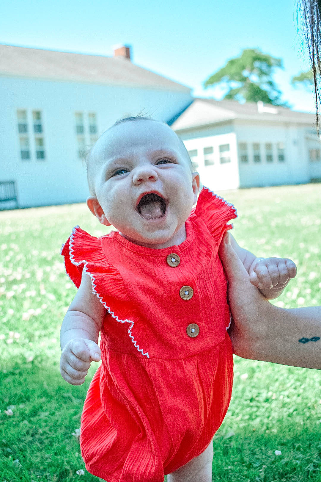 Braelynn is registered to the contest to win money with this photo: baby, baby_toddler_clothing, finger, fun, gesture, grass, grass_family, green, happy, leisure, lip, people_in_nature, person, pink, plant, sky, sleeve, smile, toddler, tree