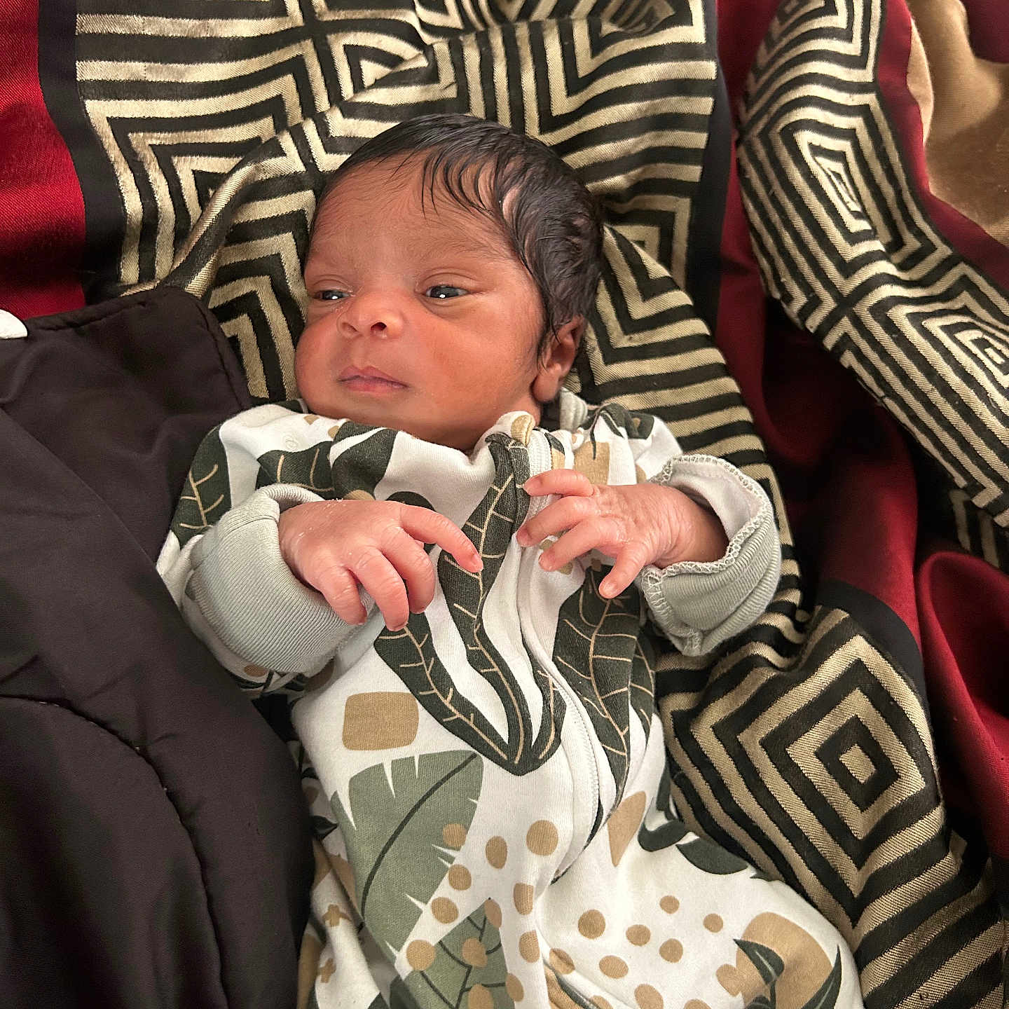 Dayton joined the competition — help win amazing prizes! baby, newborn, infant, blanket, patterned_clothing, leaf_pattern, geometric_pattern, fabric, hand, face, sleepwear, cozy, soft_lighting, portrait, person, cute, small, resting, indoors, child