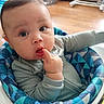William is registered to the contest to win money with this photo: baby, infant, child, face, hand, finger, clothing, seat, patterned, blue, indoor, floor, wooden_floor, furniture, curious, expression, person, portrait, sitting, home