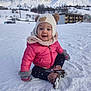 Lilou participe au concours pour gagner de l'argent avec cette photo : child, toddler, snow, winter, mountain, hat, beanie, pink_jacket, mittens, boots, smile, happy, outdoors, ski_resort, snowy_landscape, playful, portrait, sitting, cold_weather, infant_clothing