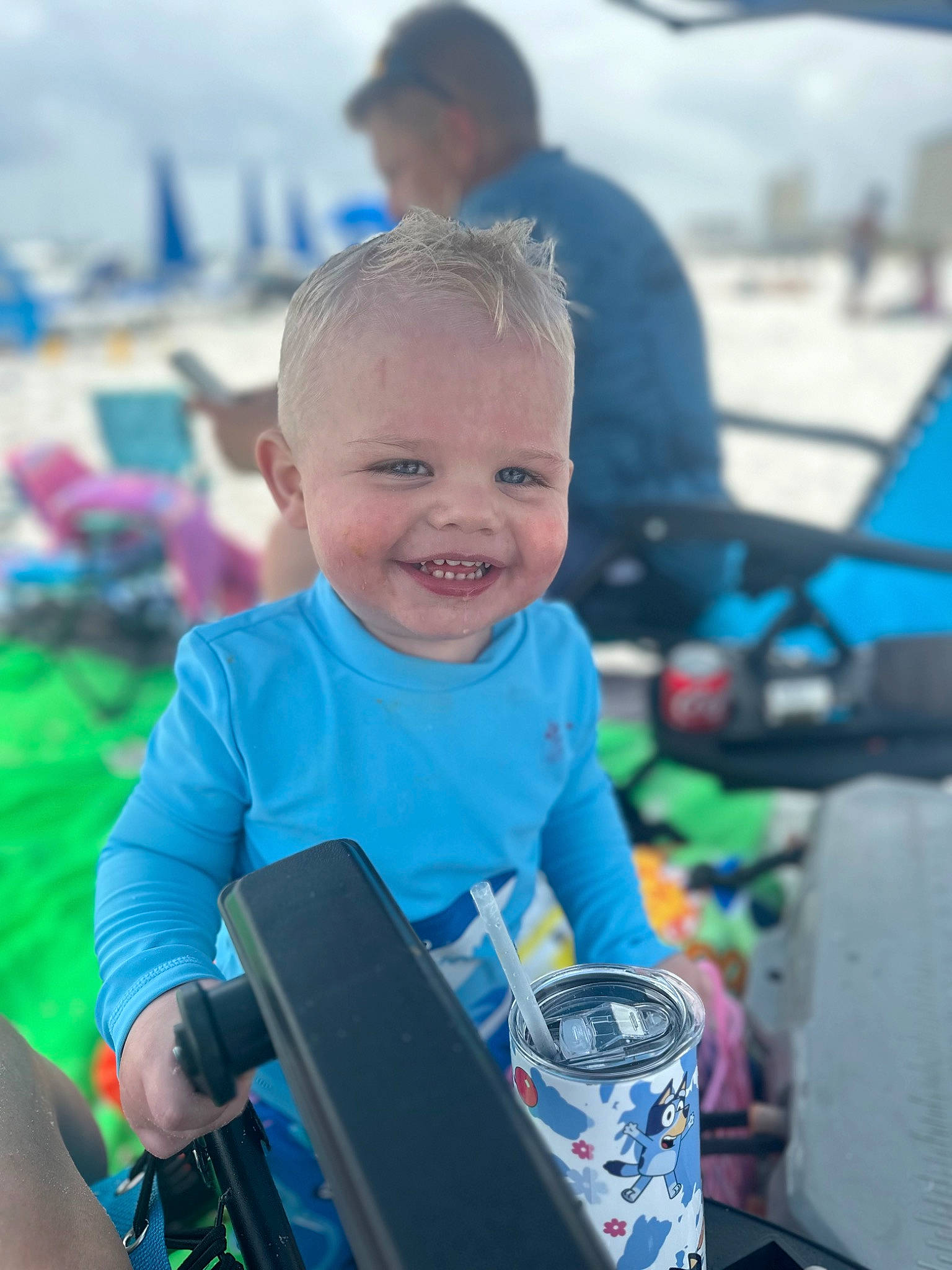 Brantley joined the competition — help win amazing prizes! baby, child, city, communication_device, electric_blue, event, fun, gadget, happy, joy, leisure, magenta, ocean, person, recreation, sitting, skin, smile, t_shirt, toddler
