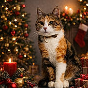 Utopie a rejoint le concours — aidez-le/la à gagner de superbes lots ! cat, calico_cat, christmas, christmas_tree, festive, holiday, ornaments, presents, gift_boxes, candle, stocking, fairy_lights, indoor, portrait, sitting, collar, bell, whiskers, greenery, bokeh
