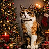 cat, calico_cat, christmas, christmas_tree, festive, holiday, ornaments, presents, gift_boxes, candle, stocking, fairy_lights, indoor, portrait, sitting, collar, bell, whiskers, greenery, bokeh