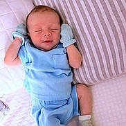 Zander is registered to the contest to win money with this photo: newborn, baby, sleeping, blue_clothes, mittens, pillow, bed, blanket, cozy, infant, cute, peaceful, resting, soft, striped_pillow, small_hands, small_feet, indoors, portrait, child