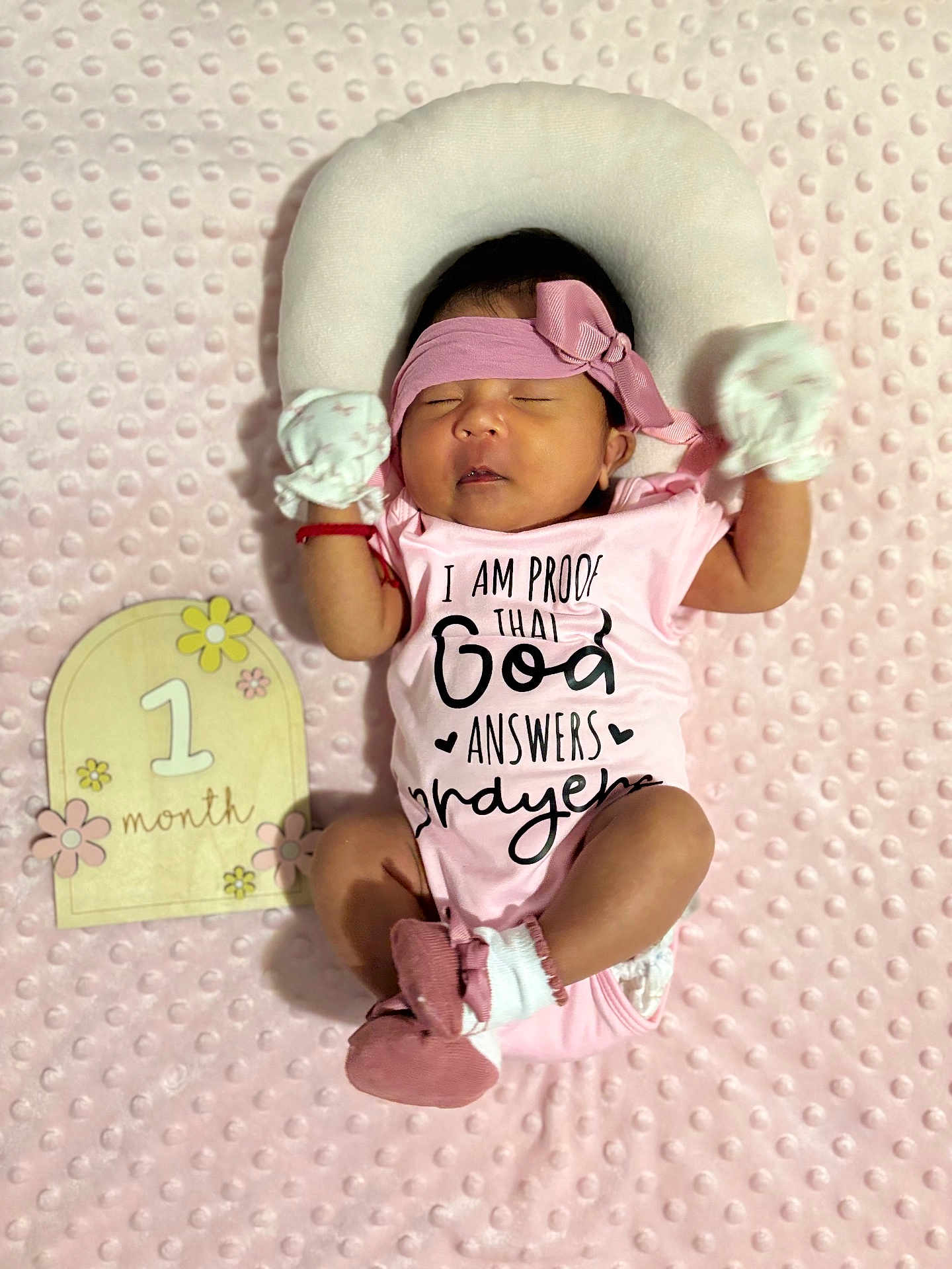 Jaedyn joined the competition — help win amazing prizes! baby, newborn, infant, pink, blanket, headband, mittens, onesie, sign, month, cute, sleeping, soft, texture, milestone, portrait, lying_down, child, adorable, peaceful