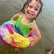 Hazel joined the competition — help win amazing prizes! arm, child, closeup, float_ring, hand, happiness, inflatable, lake, outdoor, person, play, portrait, shore, smiling_child, summer, swimsuit, vacation, water, waves, wet_hair