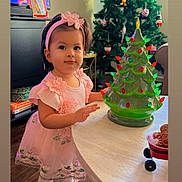 Alessia Sereia is registered to the contest to win money with this photo: toddler, child, pink_dress, headband, table, ceramic_christmas_tree, christmas_tree, ornaments, holiday, indoor, wood_floor, toy, gingerbread_man, decorations, smiling, curious, furniture, living_room, festive, holiday_season