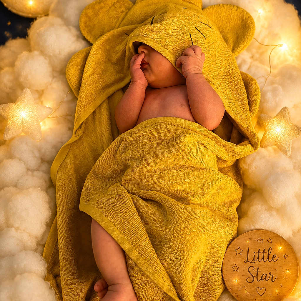 Ahmed is registered to the contest to win money with this photo: baby, towel, yellow, clouds, lights, moon, stars, wooden_plaque, sleeping, cute, newborn, soft, cozy, nursery, child, wrapped, adorable, warm_lighting, decor, face_hidden