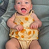 Sadie Faye is registered to the contest to win money with this photo: baby, infant, smiling, happy, yellow_dress, orange_prints, lying_down, face, skin, arms, legs, textured_background, mesh_fabric, cute, child, small_person, joyful, playful, indoors, portrait