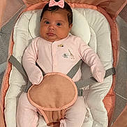 Isabella joined the competition — help win amazing prizes! adorable, baby, baby_girl, baby_seat, bow, child, comfortable, cushion, cute, expression, indoors, infant, looking_at_camera, mesh, newborn, pink_onesie, portrait, seated, soft_lighting, straps