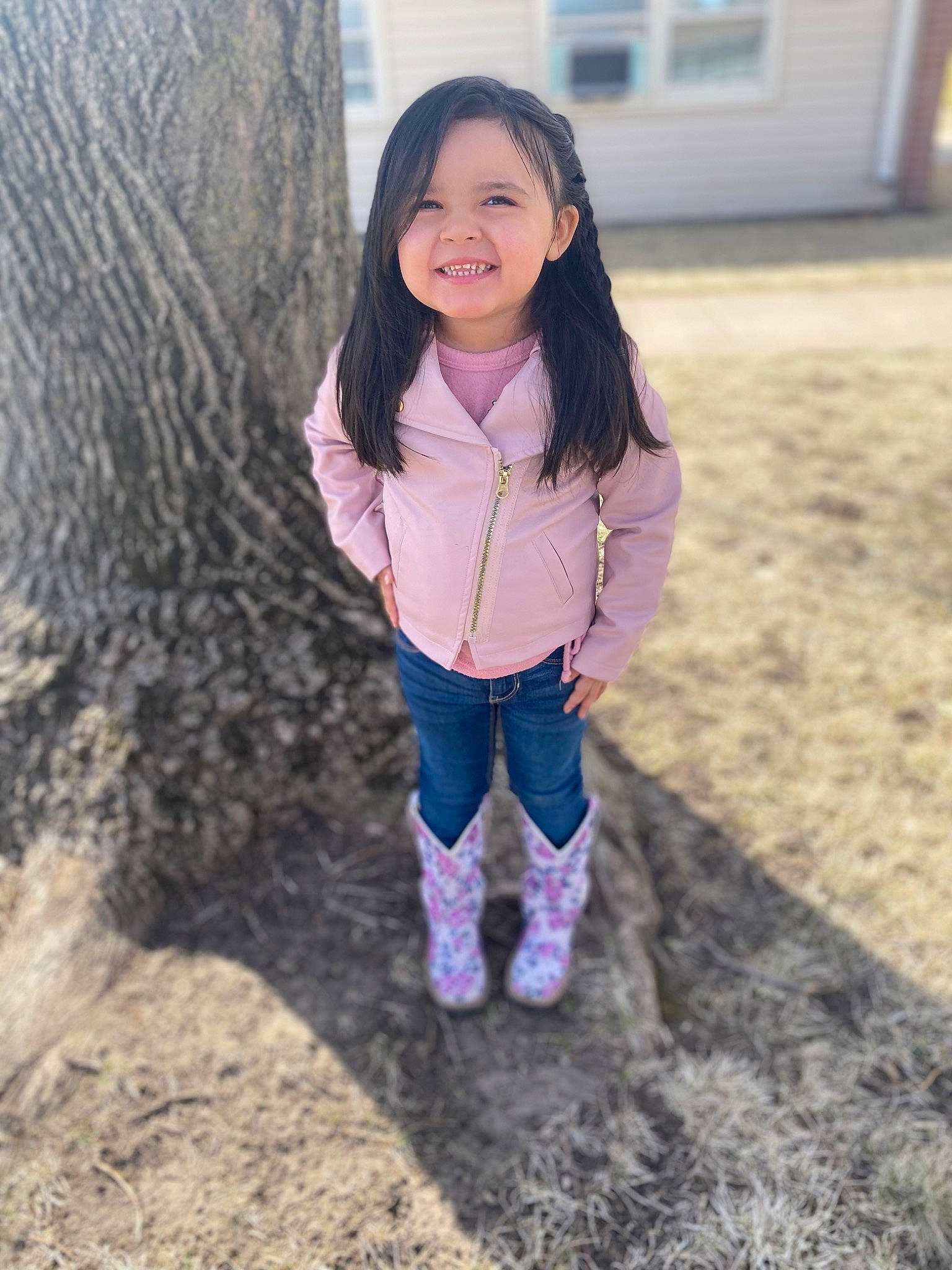 Kaia joined the competition — help win amazing prizes! boot, child, denim, fun, grass, happy, human_leg, joy, landscape, leg, leisure, magenta, people_in_nature, person, sitting, sleeve, smile, sneakers, soil, thigh