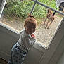 child, curtain, dog, door, floor, garden, glass, greenery, hair, indoor, nature, outdoor, pants, pet, pony_tail, shoes, smile, toddler, window, wood