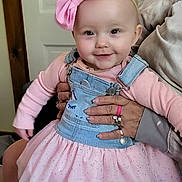Auroarah is registered to the contest to win money with this photo: baby, child, pink_bow, dress, smile, indoor, person, hand, clothing, cute, face, denim, overalls, sparkle, tutu, headband, happy, young_child, holding, friendly