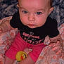 Bristol joined the competition — help win amazing prizes! baby, child, infant, blue_eyes, rubber_duck, blanket, pink_shorts, black_shirt, sitting, indoors, cute, face, expression, toy, hand, foot, person, soft_lighting, floral_pattern, closeup