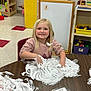 child, girl, smiling, play, foam, table, classroom, toys, learning, fun, blond_hair, face, hands, chair, sweater, happy, indoor, education, creative, messy