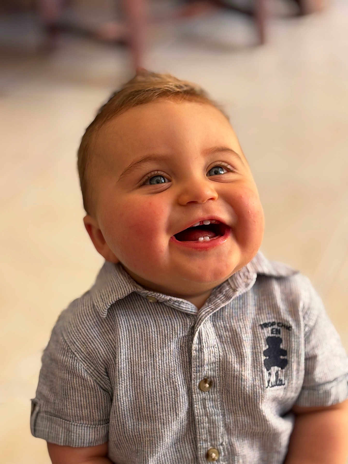 Marceau participe au concours pour gagner de l'argent avec cette photo : baby, child, smiling, happy, face, blue_eyes, teeth, shirt, striped_shirt, indoor, portrait, cute, infant, toddler, short_sleeve, buttoned_shirt, blurry_background, closeup, cheerful, small_child