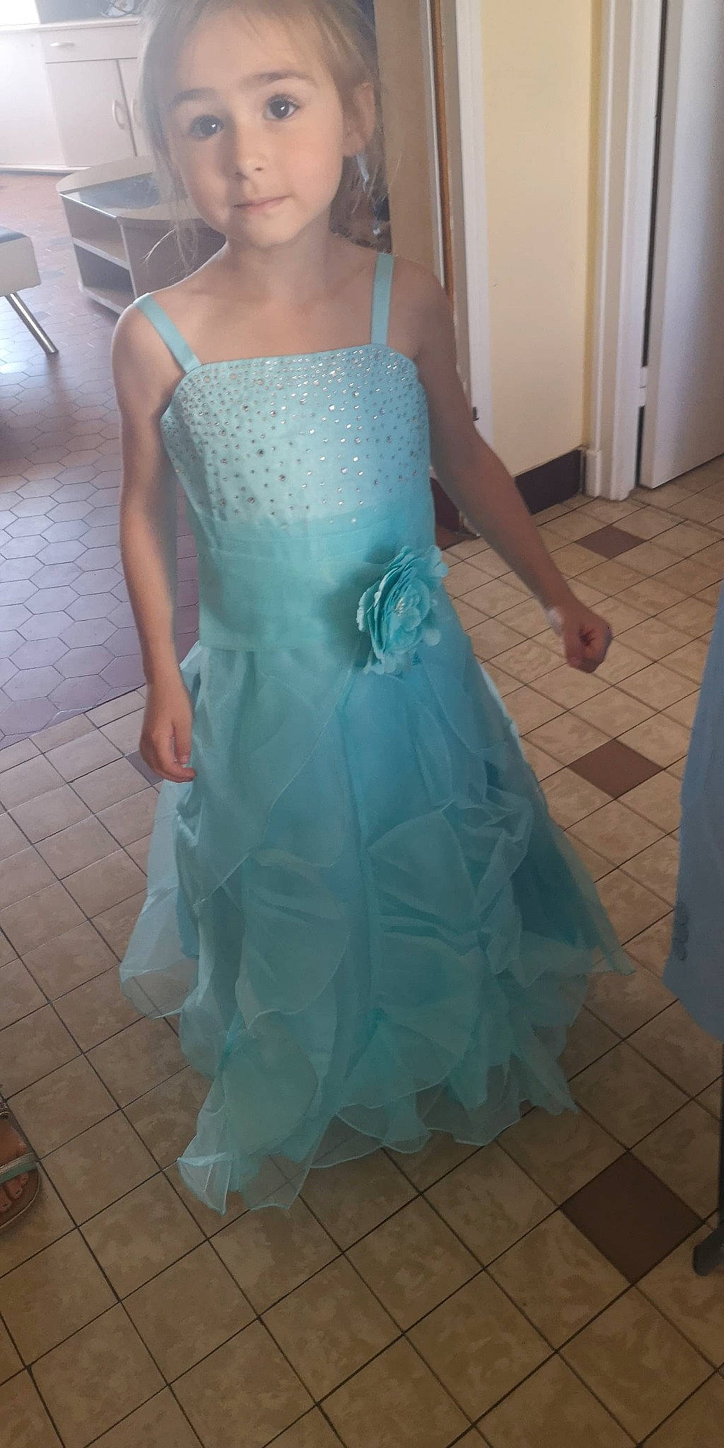 Louloute Jenny participe au concours pour gagner de l'argent avec cette photo : aqua, blue, bridal_party_dress, child, clothing, cocktail_dress, day_dress, dress, fashion_design, formal_wear, gown, haute_couture, one_piece_garment, person, shoulder, turquoise