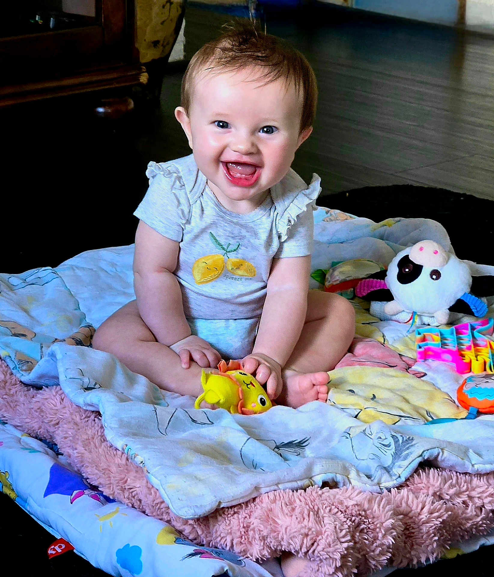 Jaycee is registered to the contest to win money with this photo: baby, child, smiling, sitting, blanket, toy, stuffed_animal, floor, indoors, happy, cute, infant, playful, clothing, person, portrait, colorful, soft, fun, joy