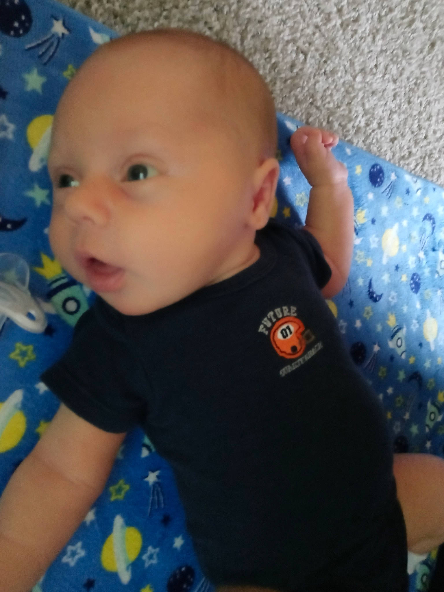 Kyson joined the competition — help win amazing prizes! azure, baby, baby_toddler_clothing, cheek, child, comfort, cool, electric_blue, eye, fun, happy, iris, nose, pattern, person, sitting, skin, sleeve, t_shirt, toddler