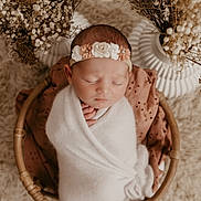 Cléa a rejoint le concours — aidez-le/la à gagner de superbes lots ! newborn, baby, sleeping, blanket, headband, flower, basket, dried_flowers, soft_texture, rug, cozy, wrapped, peaceful, portrait, indoor, infant, cute, decor, closeup, resting