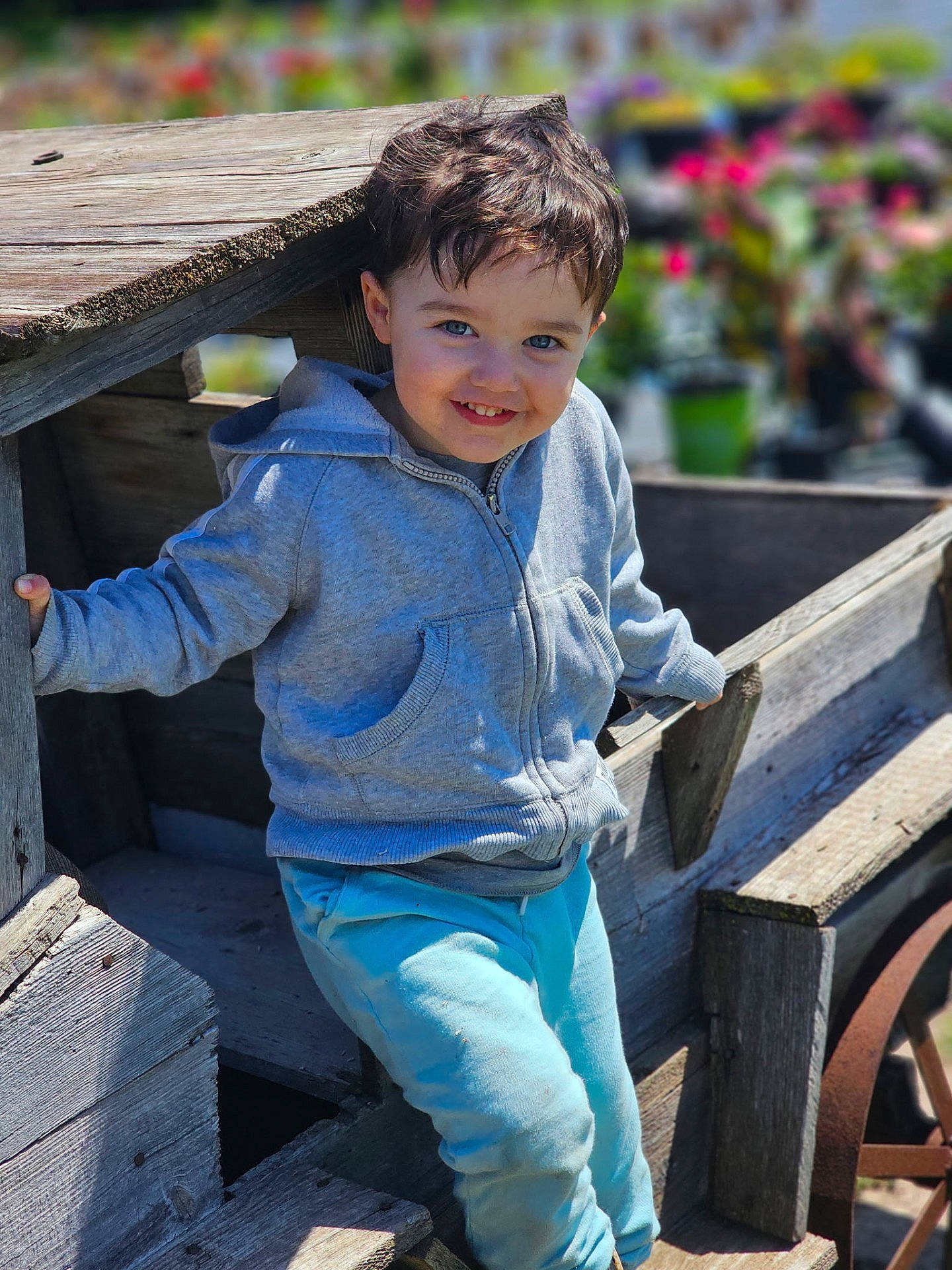 Kado is registered to the contest to win money with this photo: blue_eyes, casual_clothing, child, cute, daylight, flowers, garden, happy, hoodie, kid, outdoor, pants, person, playful, portrait, rustic, smiling, sunlight, wood, wooden_wagon