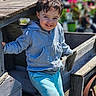 Kado is registered to the contest to win money with this photo: child, smiling, outdoor, wooden_wagon, hoodie, pants, happy, playful, blue_eyes, person, sunlight, garden, flowers, wood, rustic, casual_clothing, portrait, cute, kid, daylight