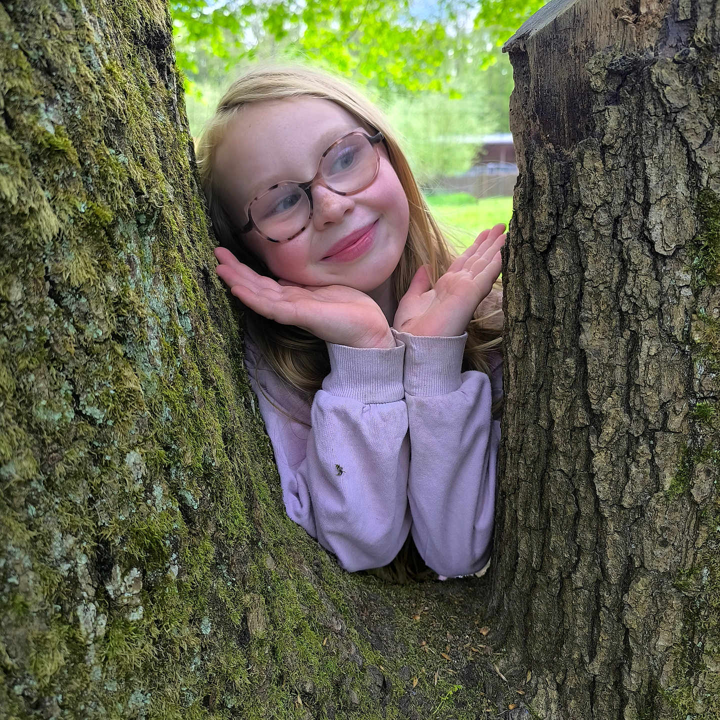 Lucie a rejoint le concours — aidez-le/la à gagner de superbes lots ! child, glasses, tree, moss, greenery, outdoor, nature, smile, face, hands, playful, young, casual_clothing, trunk, sunlight, daylight, portrait, happy, cute, leaves