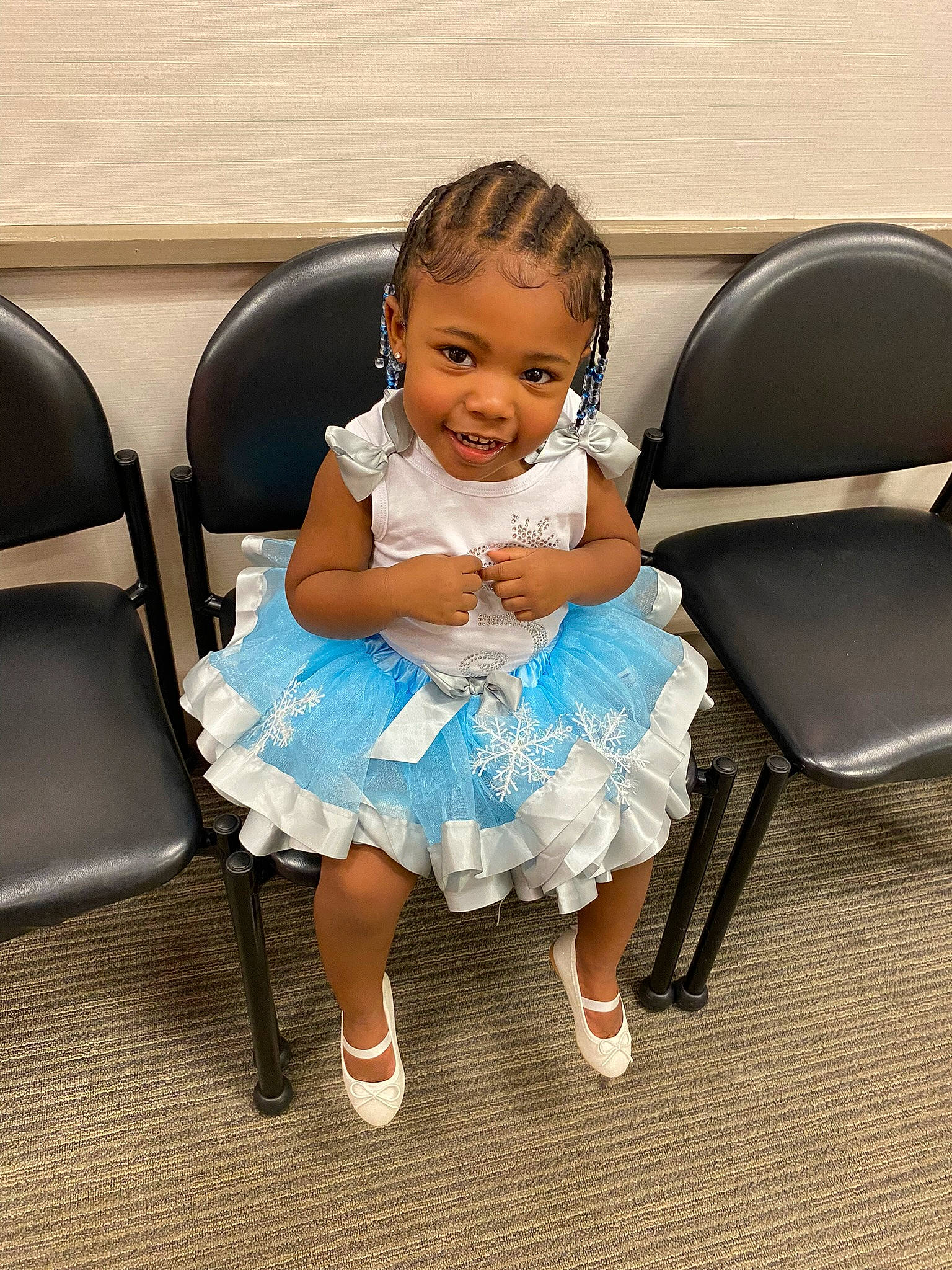 Mila-marie joined the competition — help win amazing prizes! baby_toddler_clothing, chair, comfort, day_dress, electric_blue, embellishment, event, fashion_accessory, flash_photography, flooring, formal_wear, happy, human_leg, iris, jewellery, joy, person, room, sandal, sitting