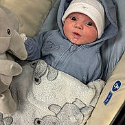 Albie is registered to the contest to win money with this photo: baby, infant, blanket, blue_hoodie, white_hat, plush_toy, elephant_plush, bear_pattern, car_seat, cozy, cute, child, soft_toy, sleeping_bag, warm_clothing, indoor, portrait, face, wide_eyes, snuggled