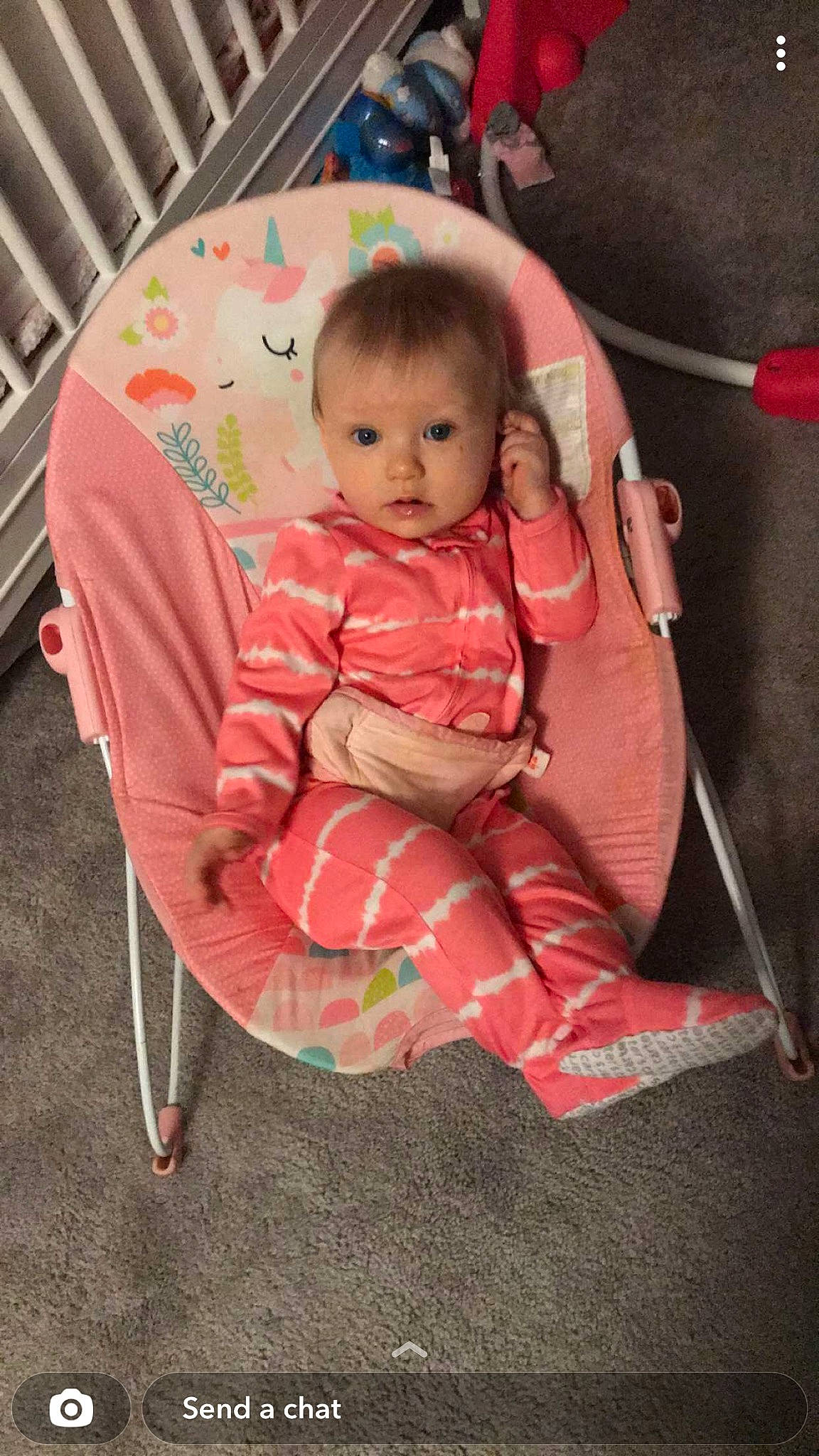 Cadence is registered to the contest to win money with this photo: baby, baby_carriage, baby_products, baby_safety, baby_toddler_clothing, baby_toys, bag, car_seat, carmine, chair, cheek, child, comfort, fashion_accessory, infant_bed, lap, luggage_and_bags, person, pink, sitting