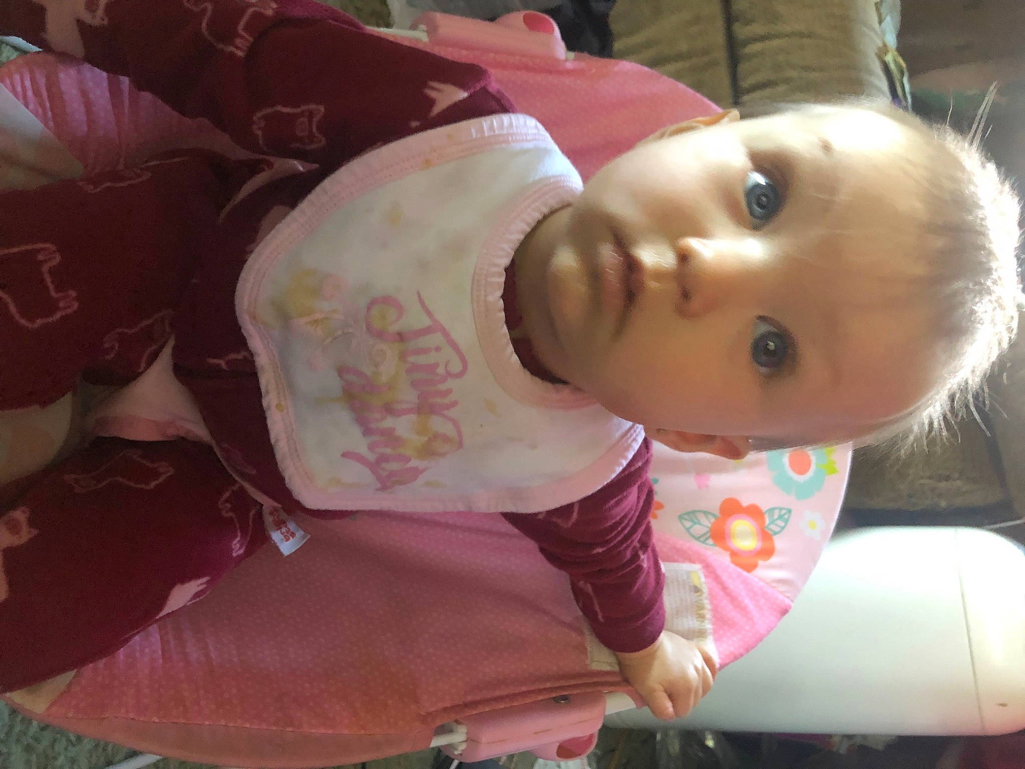 Cadence joined the competition — help win amazing prizes! baby, baby_products, baby_toddler_clothing, brown_hair, car_seat, cheek, child, doll, eyelash, fun, happy, magenta, person, pink, sitting, surprise, toddler, toy, tree