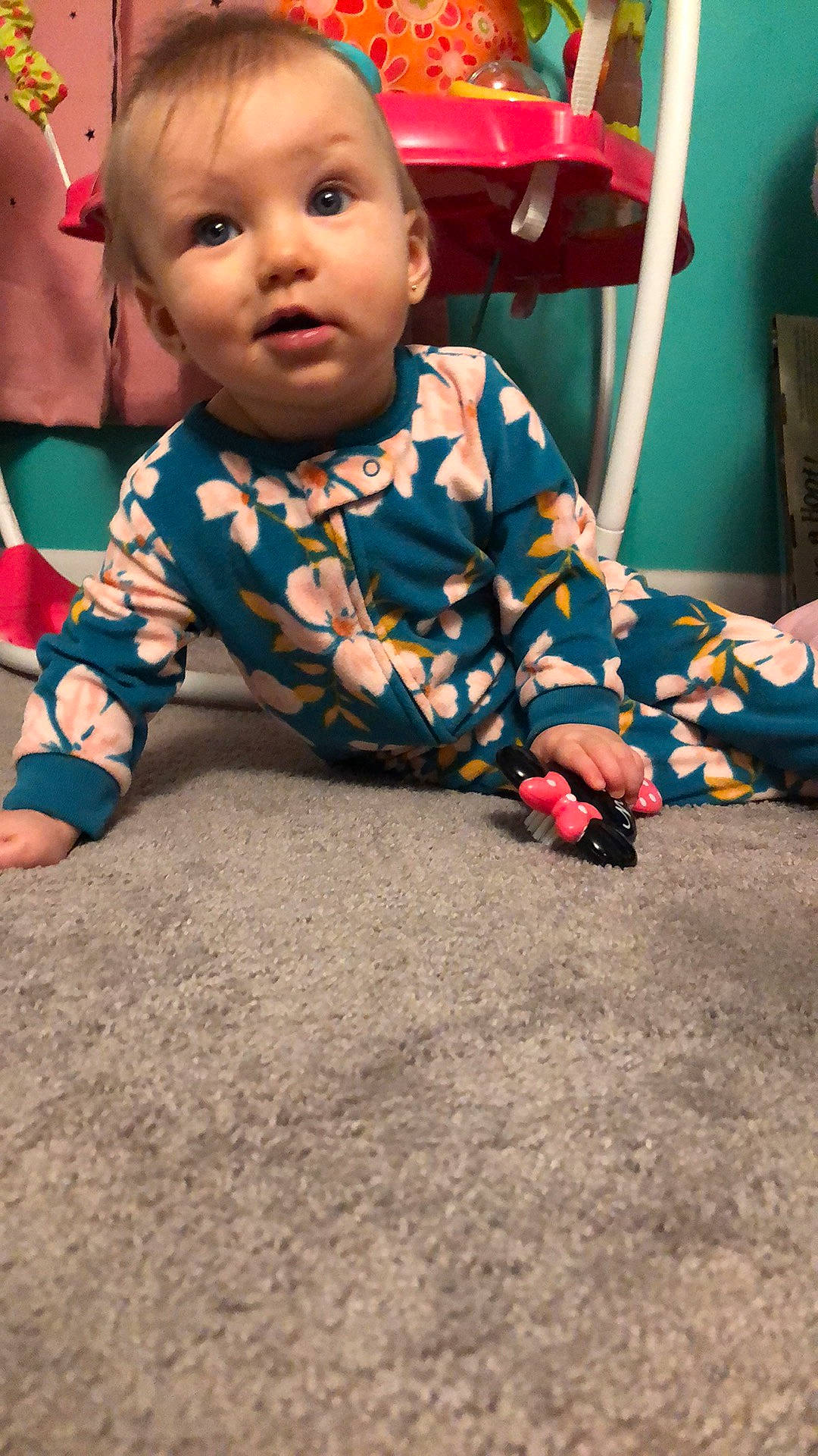 Cadence joined the competition — help win amazing prizes! baby, baby_toddler_clothing, carpet, cheek, child, chin, crawling, dress, eye, floor, flooring, fun, happy, pattern, person, road_surface, room, sitting, skin, surprise