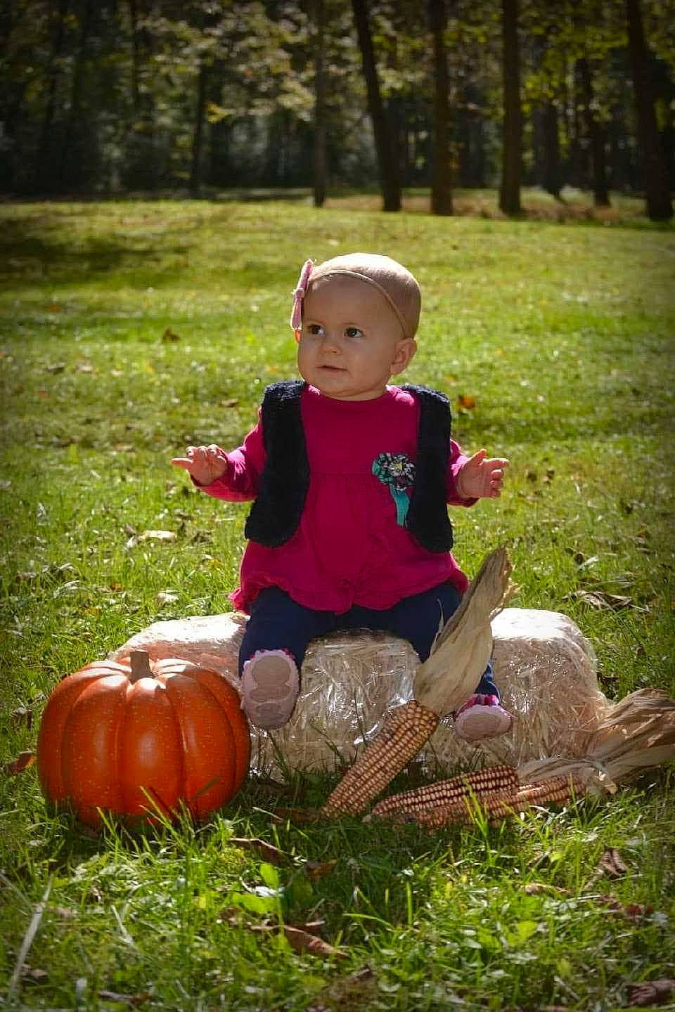Brynley joined the competition — help win amazing prizes! baby, calabaza, cucurbita, eye, gourd, grass, happy, hat, head, headwear, leaf, people_in_nature, person, plant, pumpkin, shorts, squash, toddler, tree, vegetable