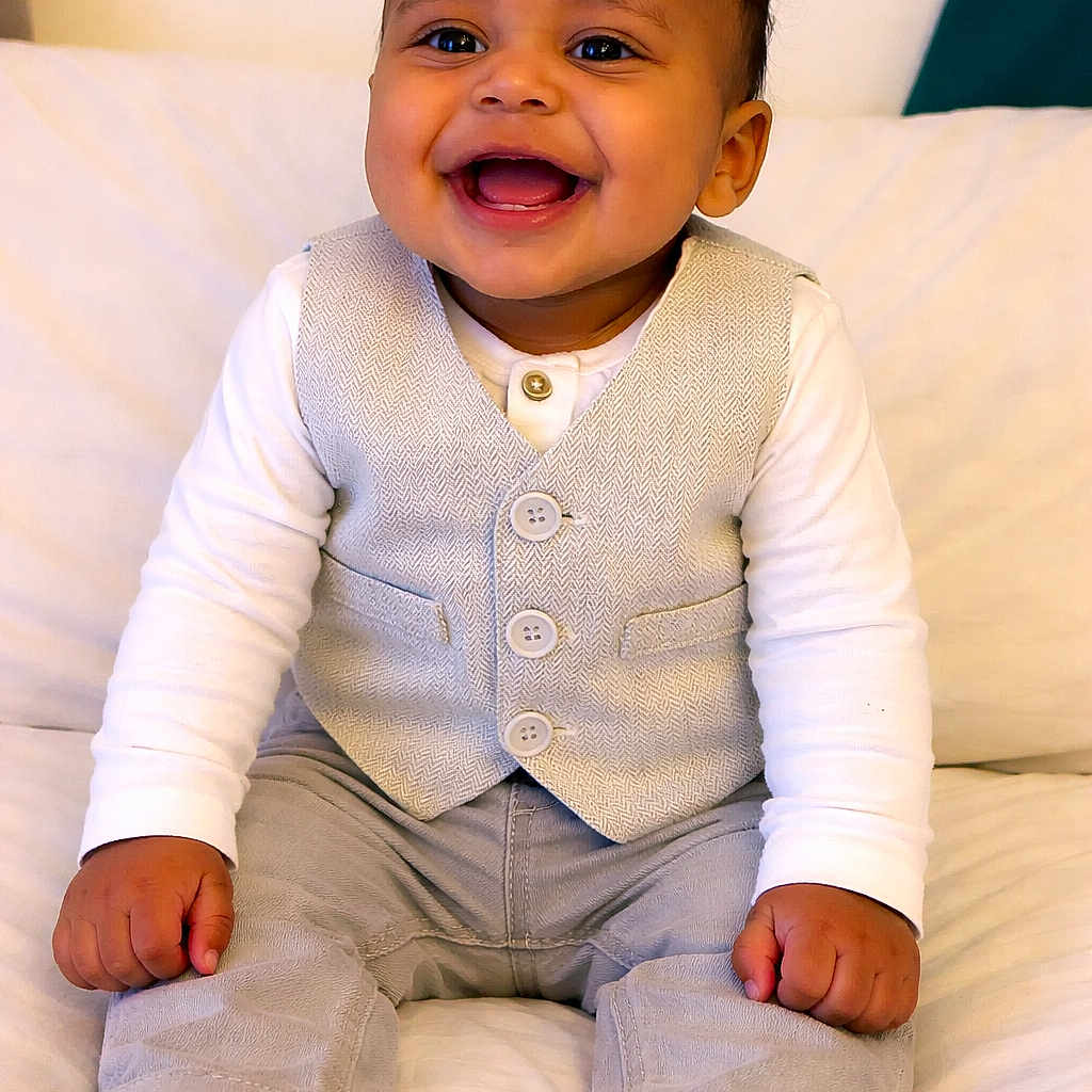 Foulaydi a rejoint le concours — aidez-le/la à gagner de superbes lots ! baby, smiling, sitting, vest, pants, white_socks, couch, indoor, child, happy, portrait, clothing, cute, infant, person, face, hands, feet, comfort, young