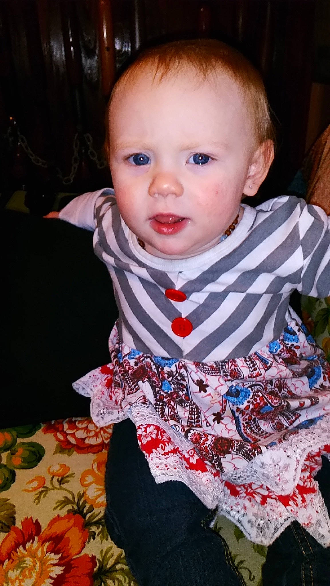 Emma Grace is registered to the contest to win money with this photo: boy, cheek, child, day, eye, fun, girl, infant, iris, outerwear, person, product, sitting, skin, smile, textile, toddler