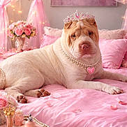 Katara is registered to the contest to win money with this photo: bed, curtains, cute, decor, dog, fairy_lights, flowers, indoor, jewelry, luxury, necklace, pearls, pet, pink, portrait, relaxed, rose_petals, royalty, shar_pei, tiara